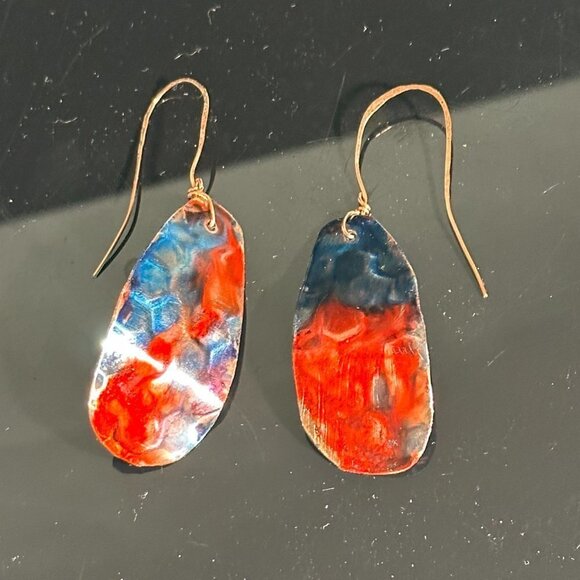 Festive Blue Red Copper Embossed Earrings Handmade Textured Painted Rustic Boho - Picture 3 of 11